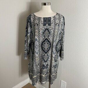 Roz & Ali Womens Plus 3X Tunic Top Black White Paisley 3/4 Sleeve Stretch Shirt